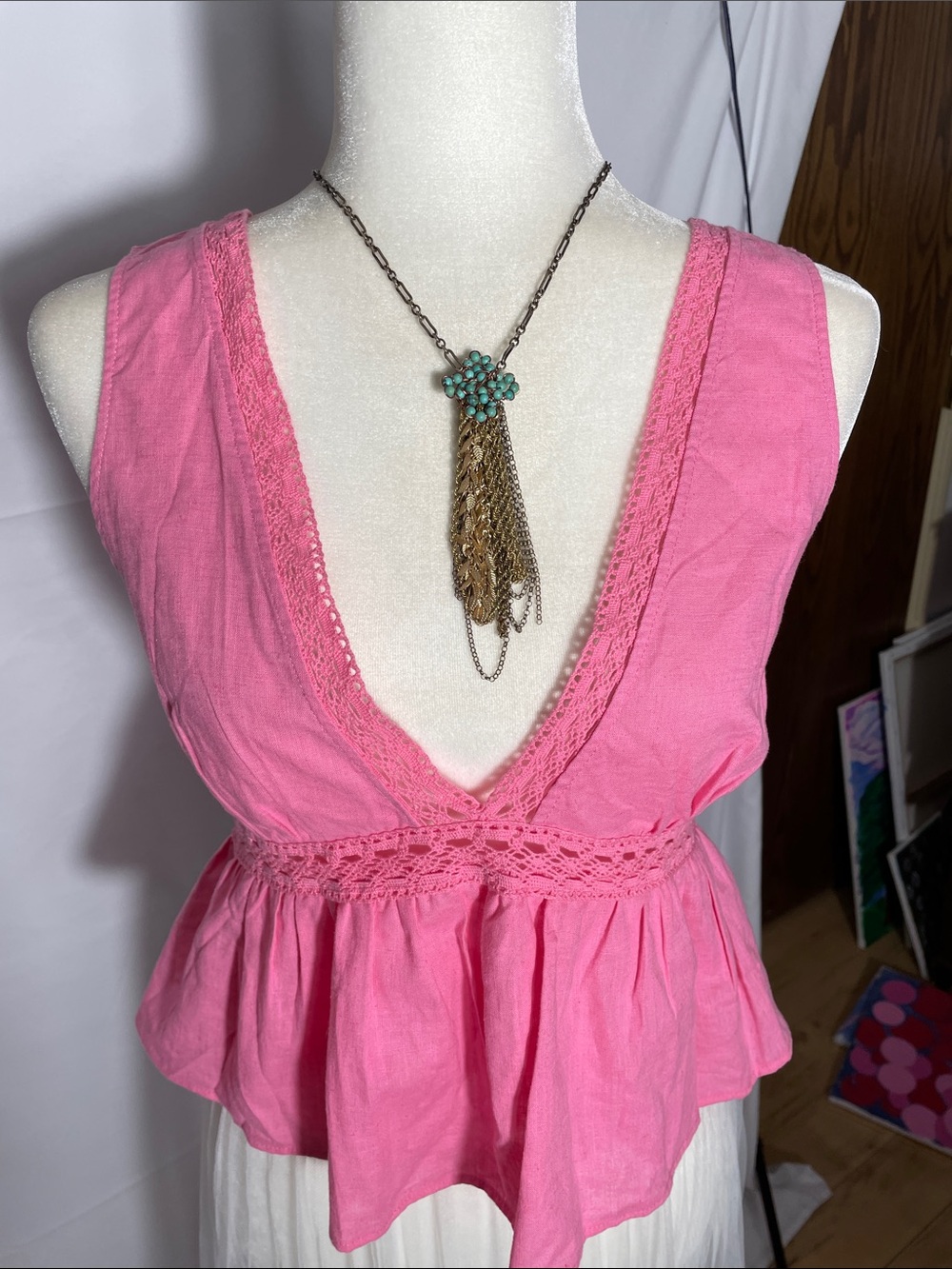 Zara Pink Lace-Trim Peplum V-Neck Tank Top